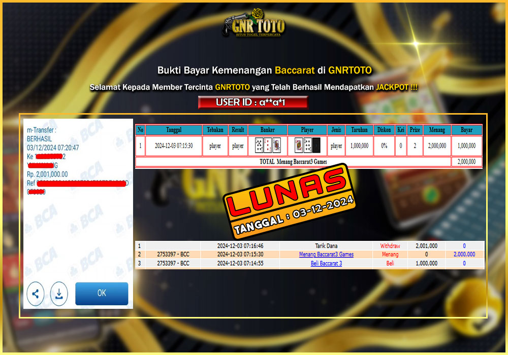 Bukti Kemenangan Live casino Baccarat