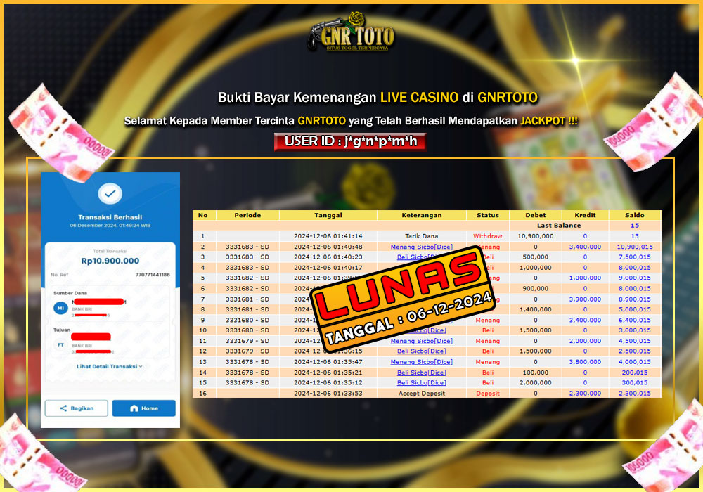 Bukti Kemanangan Gnrtoto Game : Menang Sicbo[Dice]