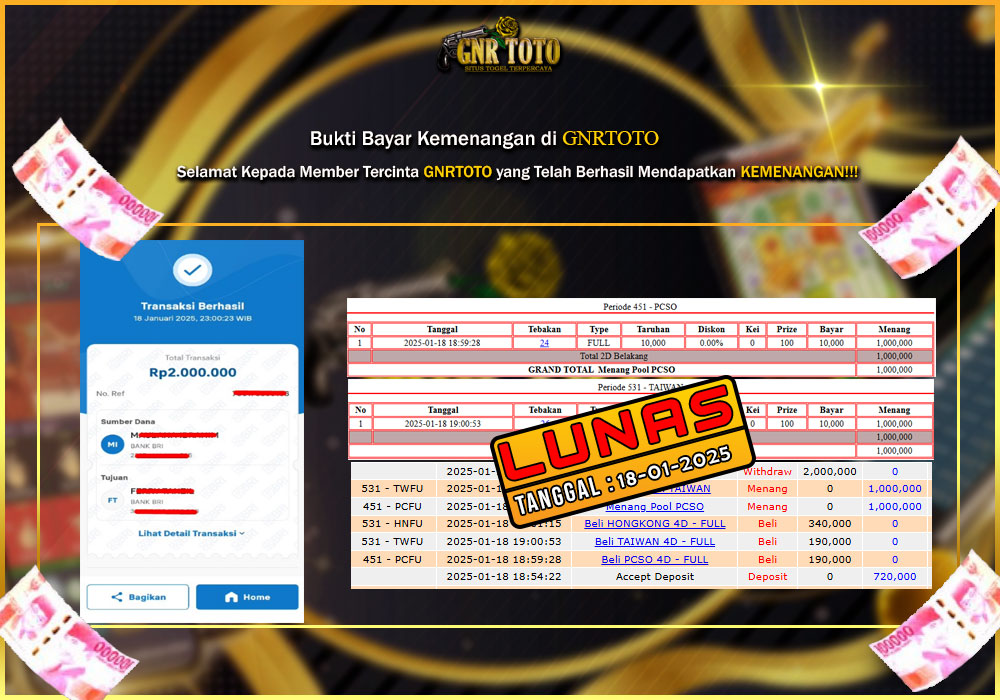 BUKTI KEMENANGAN MEMBER GNRTOTO TOGEL Pada Permainan TAIWAN DAN PCSO !!!