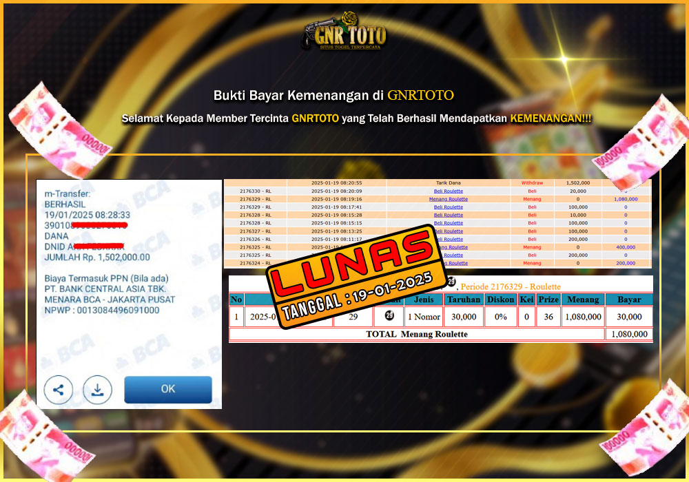 BUKTI KEMENANGAN MEMBER GNRTOTO Live Casino Pada Permainan Roulette